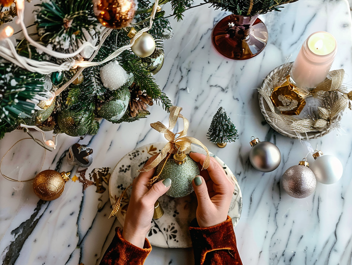 Woman creating Tabletop Tinsel holiday crafts